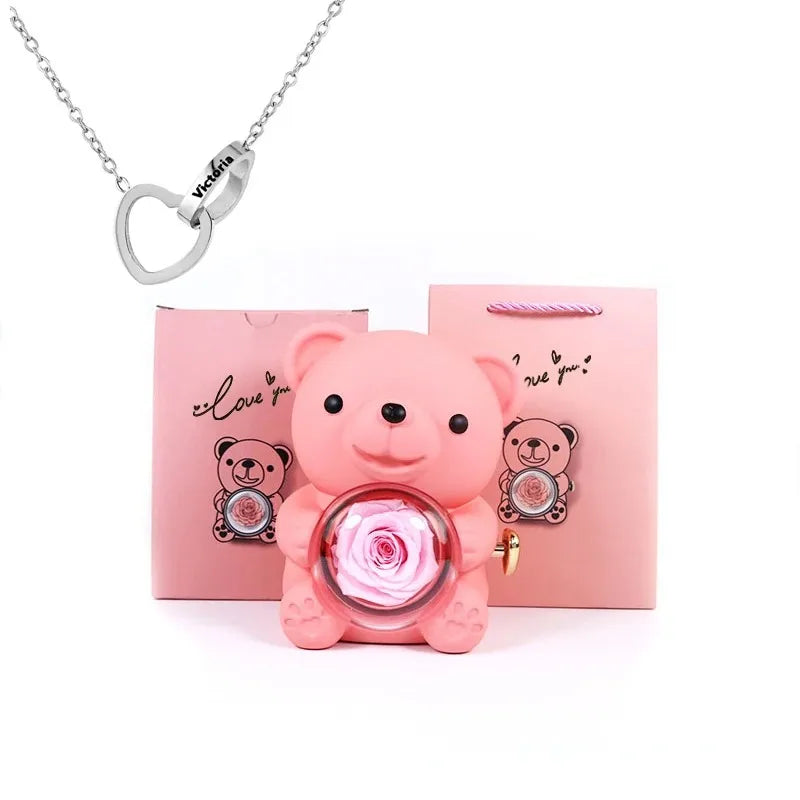 Eternal Rose Teddy Bear Gift Box with Rotating Jewelry Compartment - Perfect Storage Solution for Valentine's Day or Weddings for Women and Girlfriends