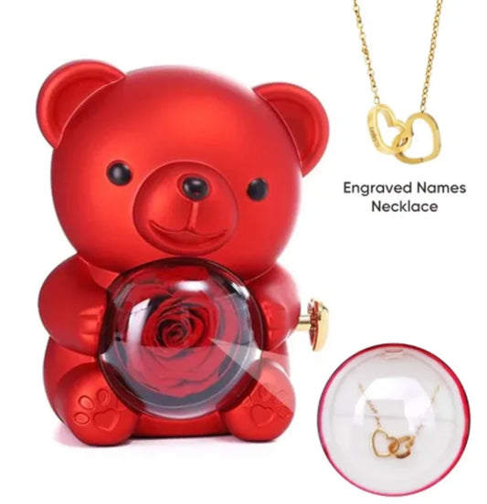 Eternal Rose Teddy Bear Gift Box with Rotating Jewelry Compartment - Ideal Storage Solution for Valentine's Day and Weddings for Women and Girlfriends